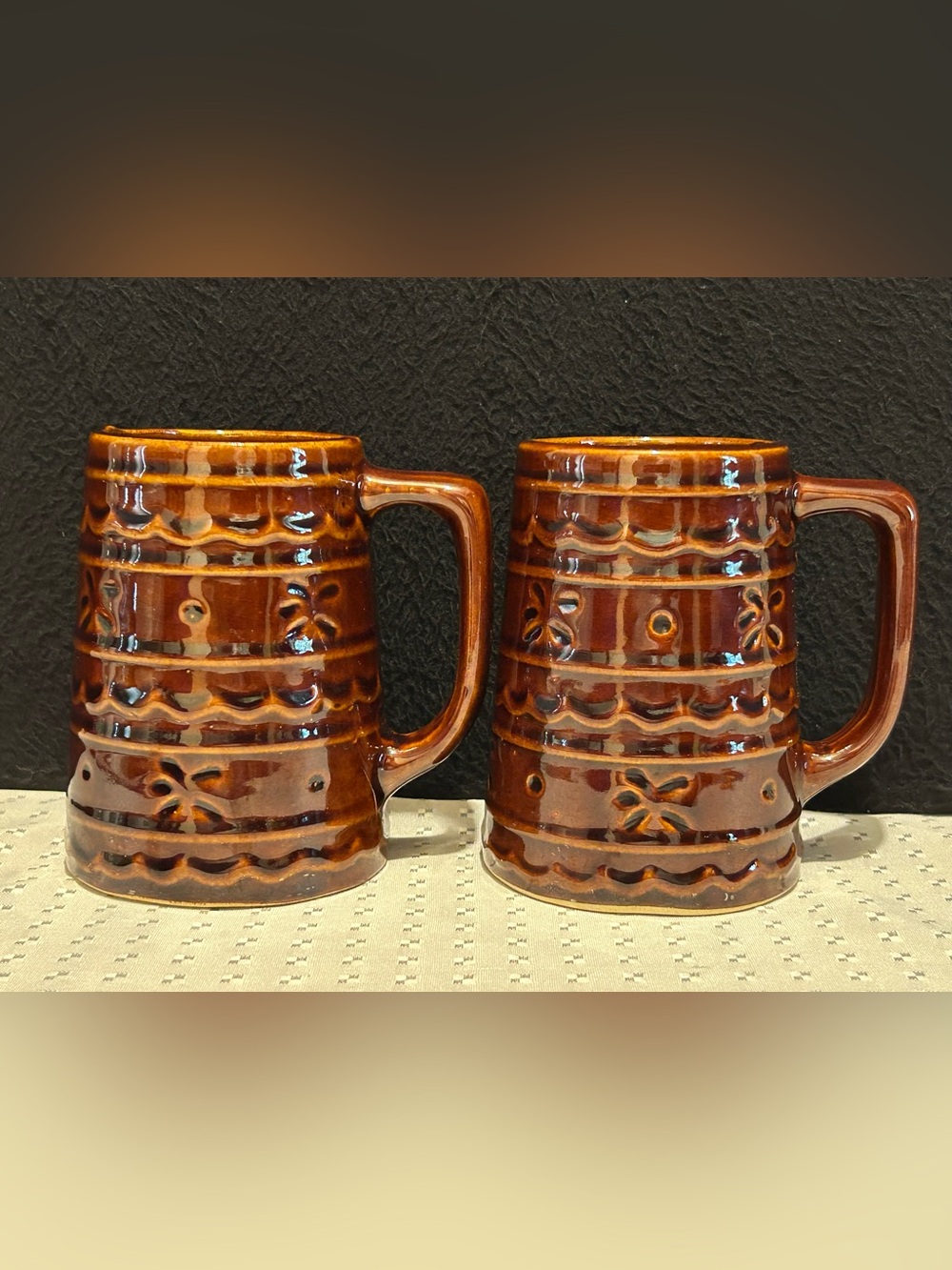 2 Vintage Marcrest Stoneware Daisy Dot Tall Mugs 5 1/4" Oven Proof Made In USA